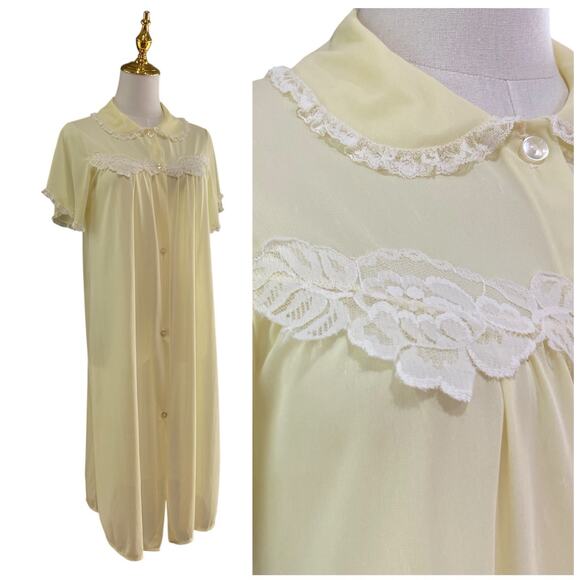 Vintage 60s Charmode SEARS Yellow Nylon Lacy Housecoat Robe Women's Size M - Picture 2 of 12